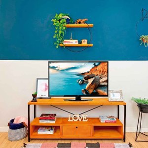 Rack de TV Industrial de Ferro e Madeira Style Square 2 Nichos e 1 Nicho Gaveta Carvalho e Preto