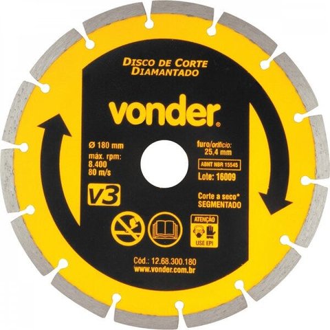 Disco de corte diamantado 180 mm segmentado V3 Vonder
