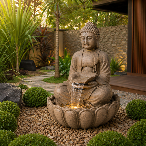 Fonte Decorativa Buda com Cascata e LED em Poliresina 86 cm