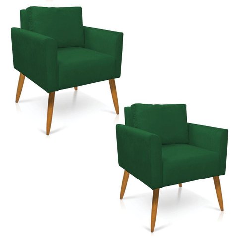 Kit 2 Poltronas Aline Suede Verde Pés Palito Castanho - D’Rossi