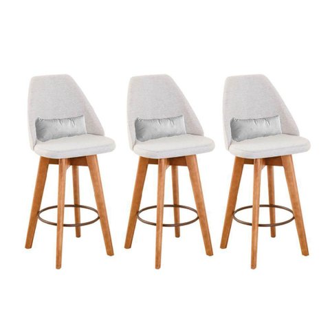 Kit 03 Banquetas Linho Bege e Almofada Sintético Branco