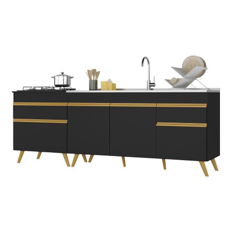 Kit com 2 Balcões de Cozinha 150cm e 70cm Veneza Multimóveis V2073 Preto/dourado