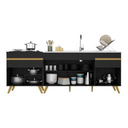 Kit com 2 Balcões de Cozinha 150cm e 70cm Veneza Multimóveis V2073 Preto/dourado - 5
