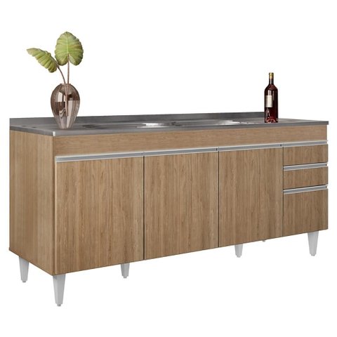Balcão de Cozinha com Pia Inox 180cm Dallas Castanho - Lumil