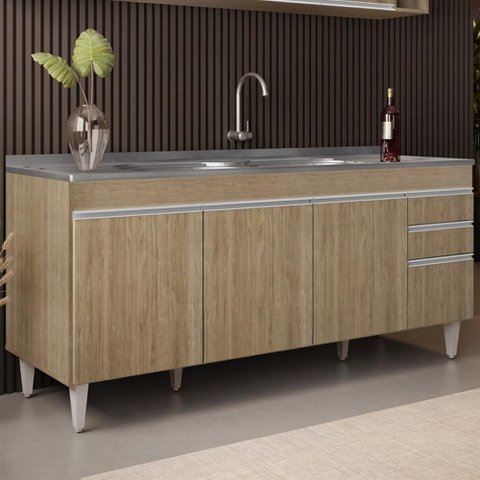 Balcão de Cozinha com Pia Inox 180cm Dallas Castanho - Lumil