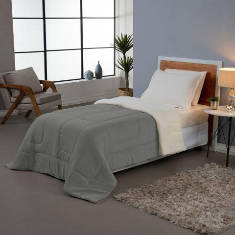 Coberdrom Solteiro Dupla Face Soft Sherpa Toque de Lã Cinza Quente