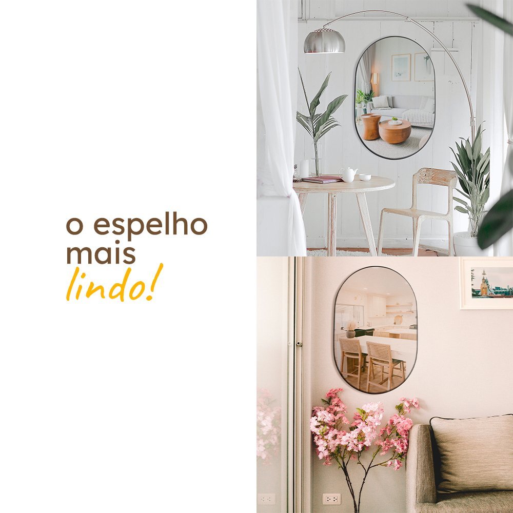 Espelho Pinterest Orgânico Decorativo Grande 64x44cm Borda em Couro 3cm - Mod. Pílula Preto - 3