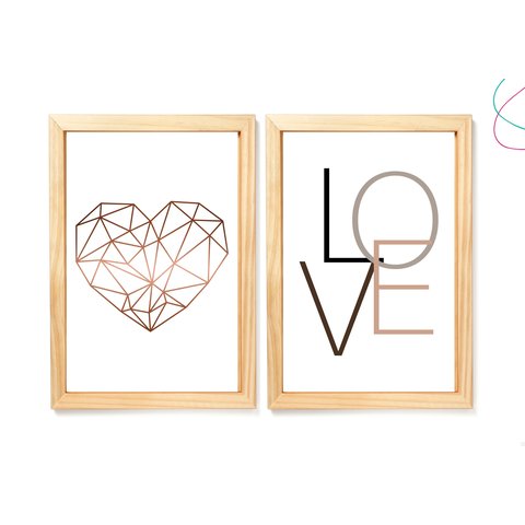 Kit 2 Quadros Coração Geométrico e Love:pinus