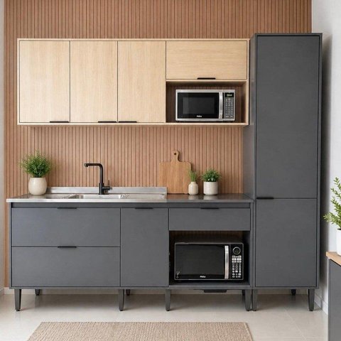 Cozinha Completa Modulada com Balcão,  Aéreo, Paneleiro e Espaço Forno e Cooktop Cinza Yescasa