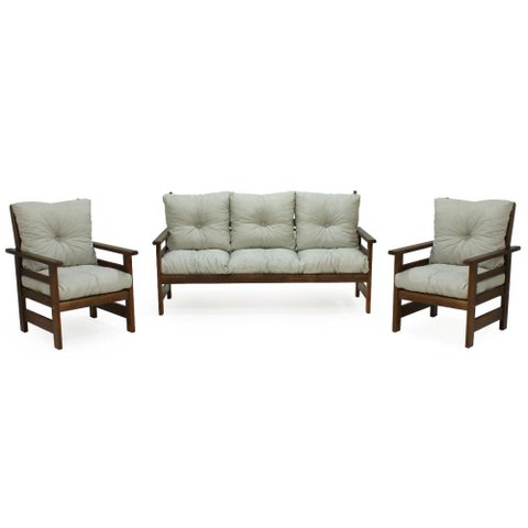 Conjunto Sofá Havaí 3 Lugares + 2 Poltronas de Madeira com Almofadas Confortáveis - Bege