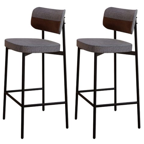 Kit 02 Banquetas Alta Bar Cozinha Sala de Jantar Aço Preto Kaira C01 Linho Cinza Courino Whisky -