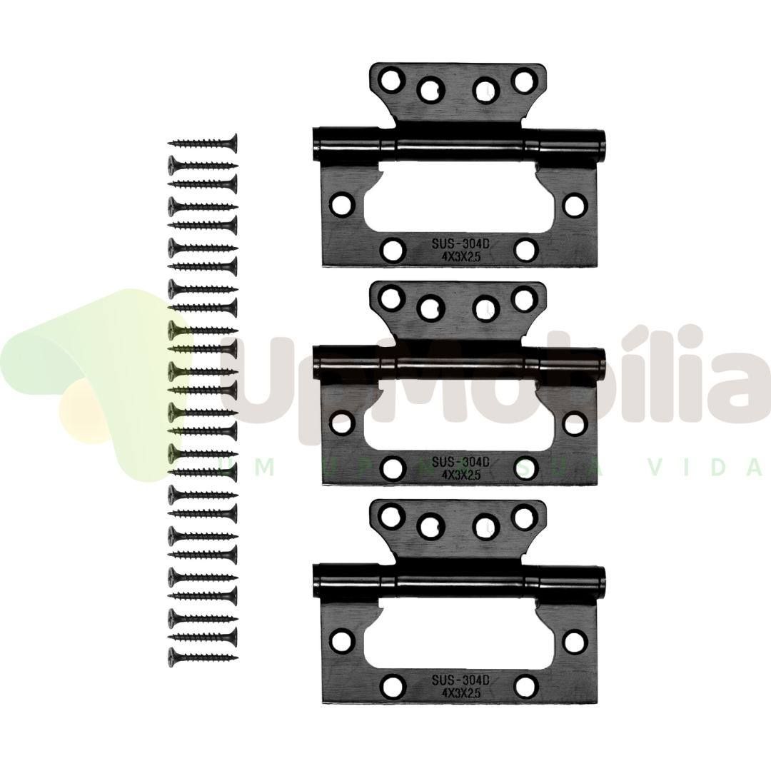 Kit Dobradiças Sobrepor Preta - Pct C/ 3 Peças P/ 1 Porta