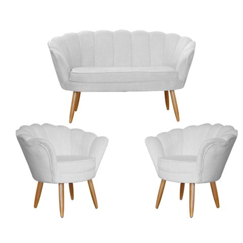Kit Namoradeira + 2 Poltronas Decorativa Pétala Couro Branco Pés Madeira Mz Decor