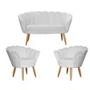 Ver imagem 1 de Kit Namoradeira + 2 Poltronas Decorativa Pétala Couro Branco Pés Madeira Mz Decor