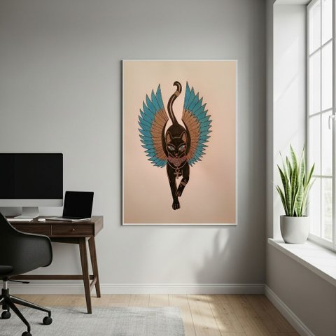 Quadro Bastet (ou Bast) Deusa Egípcia Dos Gatos - 70x50cm:moldura Branca