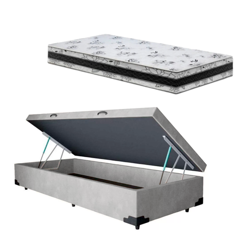 Cama Base Box Baú Solteiro Super Confort Suede Cinza + Colchão Solteiro Super Confort D33 24x88x188