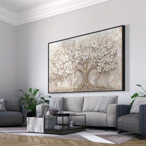 Quadro Decorativo Árvore da Vida Flores Brancas Fundo com Textura Sala Quarto Casa Escritório