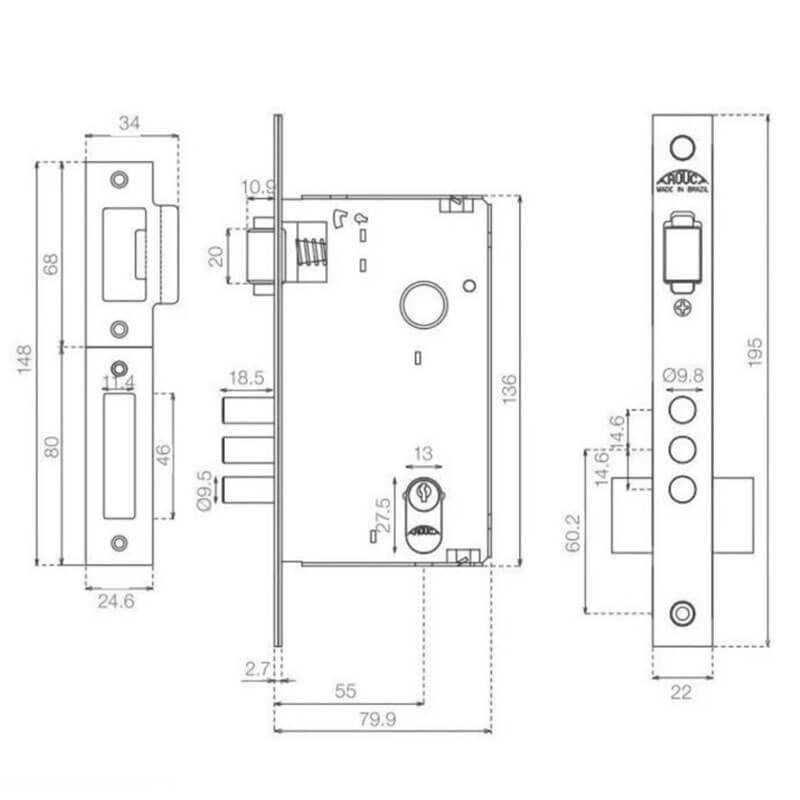 Cópia - Fechadura Arouca Trinco Rolete Pivotante Quadrada 3 Pinos Segurança Espelhos Aço Inox Dourad - 2