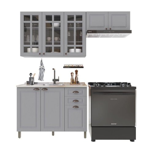 Cozinha Compacta Bariloche 8 Portas 2 Gavetas com Vidro 100% MDF 6225 Titânio Fosco - Indékes