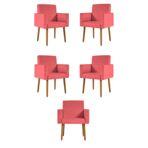 Kit 5 Poltronas Decorativas Nina Suede Pé Palito Rosa
