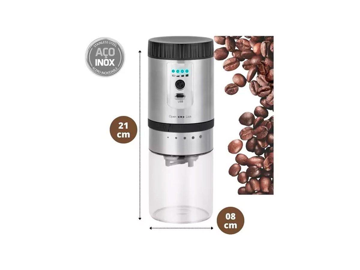 Kit Moedor de Café Elétrico a Bateria Recarregável Usb e Coador Reutilizável Inox - 3