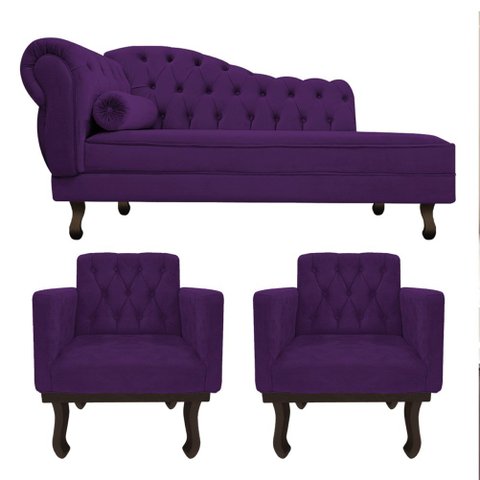 Kit Diva Recamier Juliana 160cm Lado Direito e 02 Poltronas Classic Suede Roxo - Amarena Móveis
