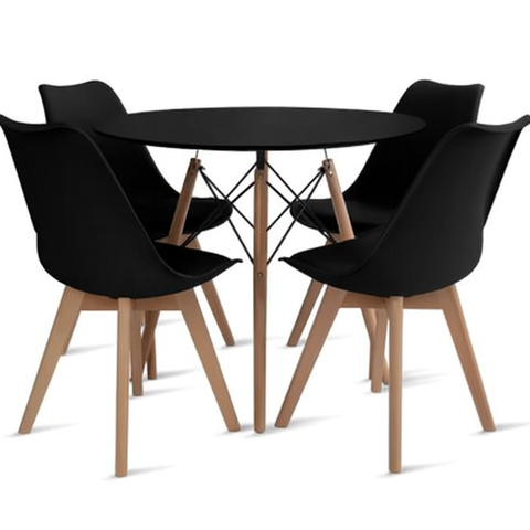 Kit Mesa Redonda Eames 90cm Preta + 4 Cadeiras Saarinen Wood Pretas