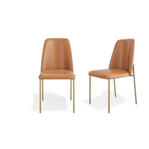 Kit 2 Cadeiras Estofadas Lucy Aço Dourado Couro Pu Caramelo