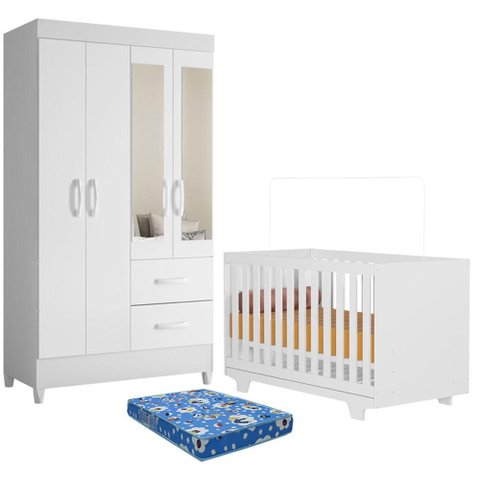 Berço Nacional Life 2217 com Colchão Ortobom com Guarda Roupa Mobi com Espelho Branco Flex -Móveis a