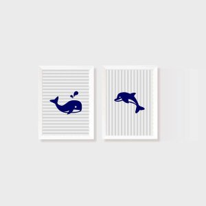 Kit 2 Quadros Baleia e Golfinho Azul Marinho Listrado