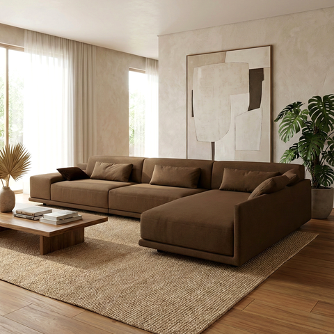 Sofá de Canto 5 Lugares com Chaise Lado Direito em Sarja 336x196cm Marrom