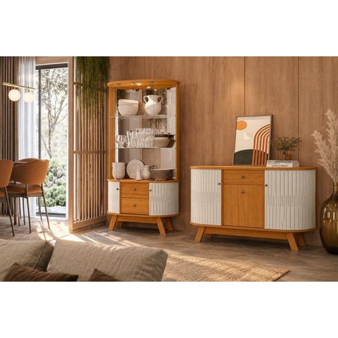 Conjunto Buffet Monza Cristaleira Moss com Porta em MDF Curvo e LED Cinamomo/Off White