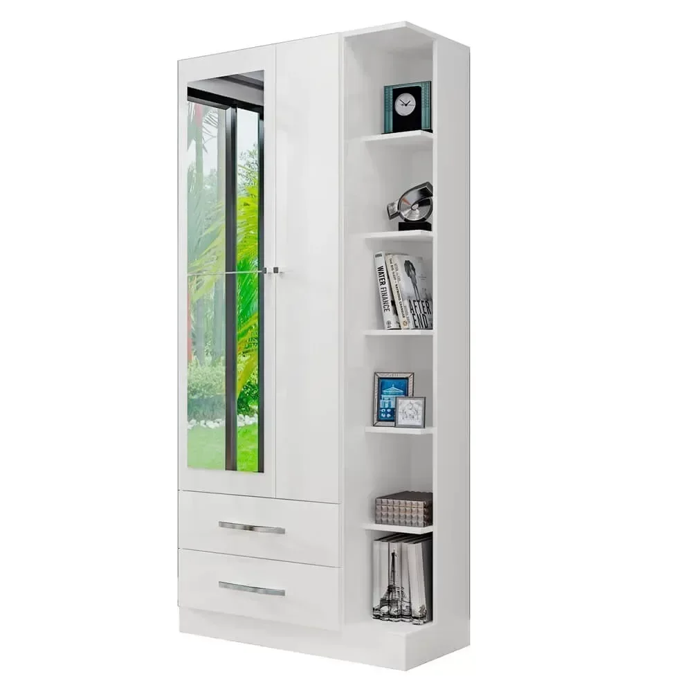 Guarda Roupa Solteiro com Espelho 2 Portas e Prateleiras Externas Moju Mapi Móveis - Branco - 2