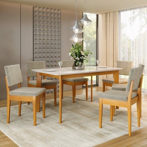 Conjunto Sala de Jantar 6 Cadeiras Tampo de Vidro Siera Marrom Cerejeira/Bege Claro