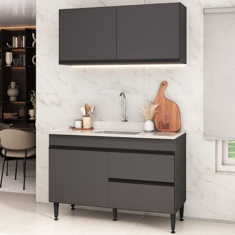 Armário Cozinha Modulada Compacta com Pia 120cm Milano Multimóveis MCR2475 Grafite/Creme