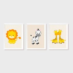 Kit Três Quadros Safari Leão, Girafa e Zebra - 1