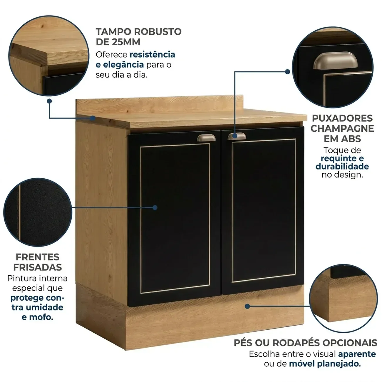 Ver imagem 5 de Balcão para Cozinha 80cm com 2 Portas e Tampo Conecta Frise Yescasa Cinamomo/Preto
