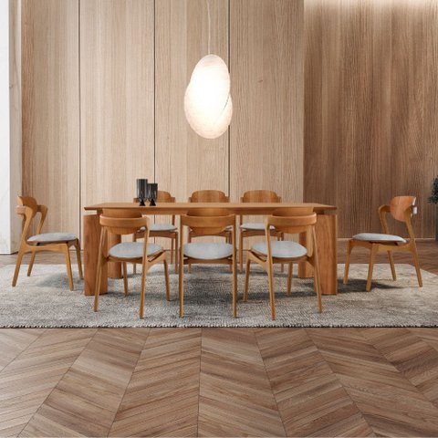 Sala de Jantar Mesa Nala 220cm Tampo Laminado Canto Moeda com 8 Cadeiras Solaris Gold
