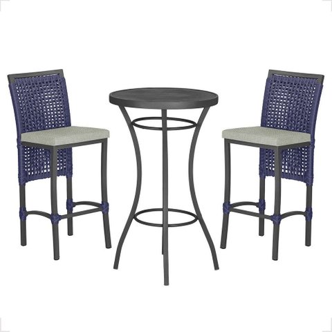 Mesa Bistrô com 2 Banquetas Roma Preta Corda Náutica Estofado 3 Trama Original