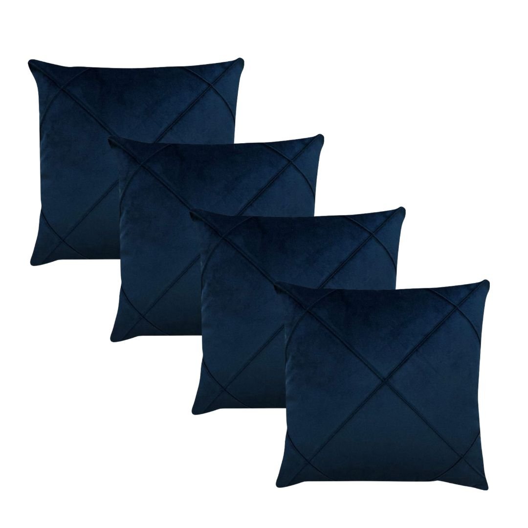 Kit 4 Capas para Almofada em Veludo Drapeada Quadrada Azul Marinho
