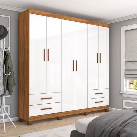 Guarda-Roupa 6 Portas 4 Gavetas com Pés Genova Branco/Cinamomo