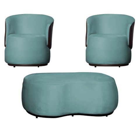 Kit 02 Poltronas e 01 Puff Decorativo Beatriz Veludo Azul Turquesa/pu Marrom - Montanaris Decor