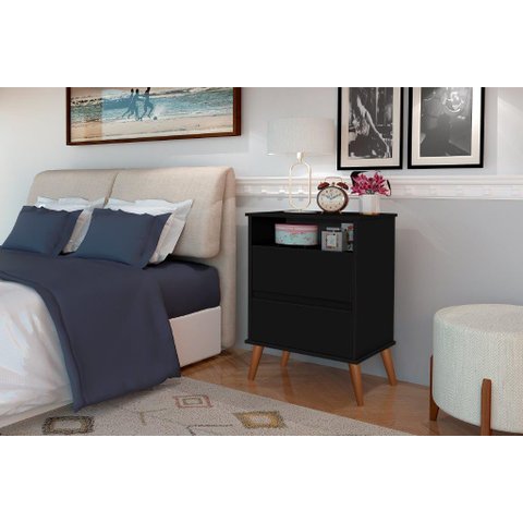 Mesa de Cabeceira On Estilo Retrô 2 Gavetas Cor Preto