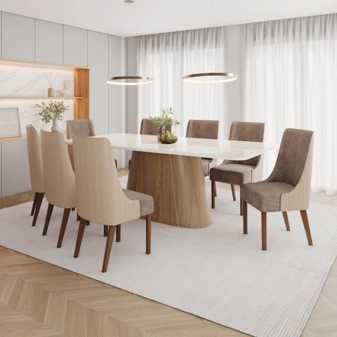 Conjunto Mesa Olívia 200cm com Vidro 8 Cadeiras Ivy Off White/Nature/Bege/Cacao