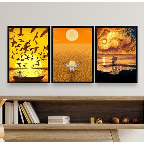 Kit 3 Quadros Decorativos Amarelos Vida van gogh 33x24cm - com Vidro:madeira Preta