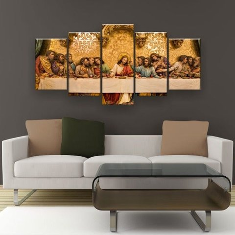 Quadros Decorativo Santa Ceia Dourada 5pc Kit 130x65cm