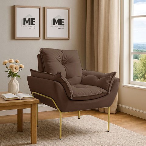 Poltrona Decorativa Opala Amamentação para Sala Base de Ferro Dourada Suede Me-ecommerce:marrom