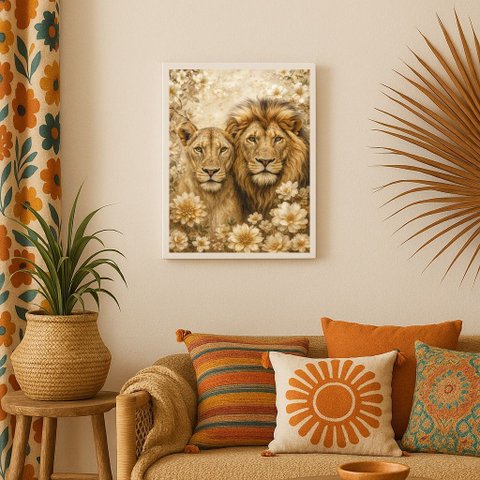 Quadro Artístico Leão e Leoa com Flores 24x18cm - com Vidro:moldura Branca