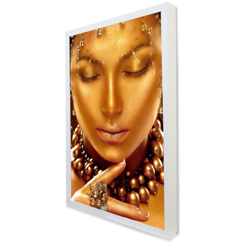 Quadro Decorativo Caixa Mulher a Face Dourada Tacolado Moldura Caixa 3cm Branca com Vidro 80 X 120cm