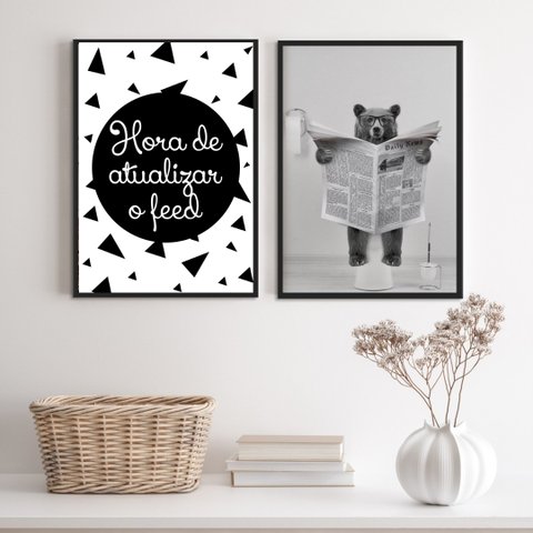 Kit 2 Quadros Engraçados Banheiro - Urso 24x18cm - com Vidro:madeira Branca